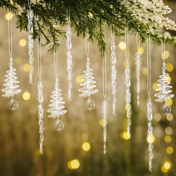 24 Pcs Crystal Icicle Christmas Tree Ornaments(3 Styles Christmas Icicles)